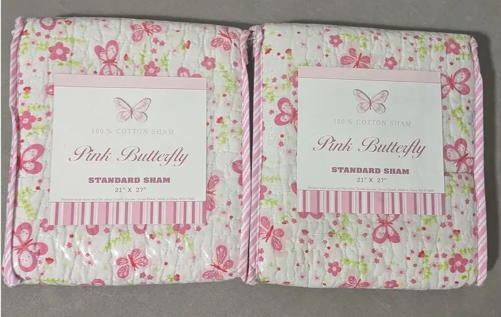 New Vtg Target Pink Butterfly Standard Quilted Sham Set of 2 100% Cotton 21x27